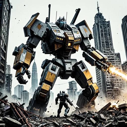 Mech Warrior Battling Giant Robot in Destroyed City