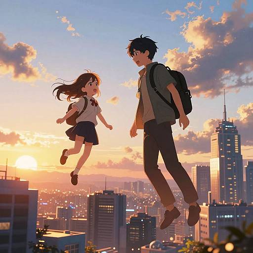 Anime-style digital illustration of a boy and girl in school uniforms, jumping against a sunset cityscape with skyscrapers. Both wear backpacks, with