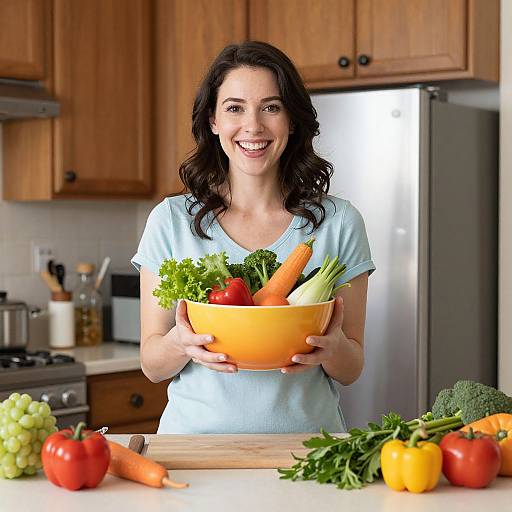 Smiling brunette woman in light blue shirt holds orange bowl with vegetables, standing in bright kitchen with wooden cabinets.