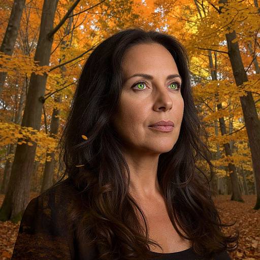 Photograph of a middle-aged woman with long, dark brown hair and green eyes, standing in a forest with vibrant orange autumn leaves, wearing a black