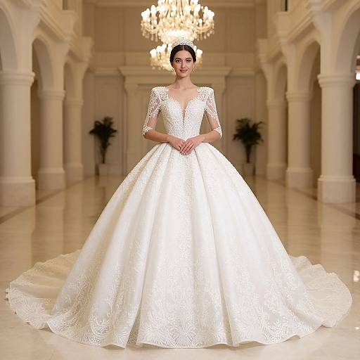 Photograph of a smiling bride in a white lace, long-sleeve, ball-gown wedding dress, standing in an elegant, chandelier-l