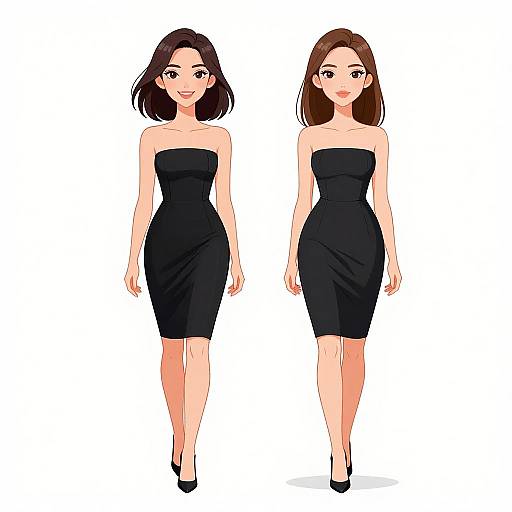 Digital illustration of two women with fair skin and straight brown hair, wearing strapless black knee-length dresses and black high heels, standing against a white background