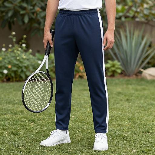 Man in Stretch Track Pants with Racket