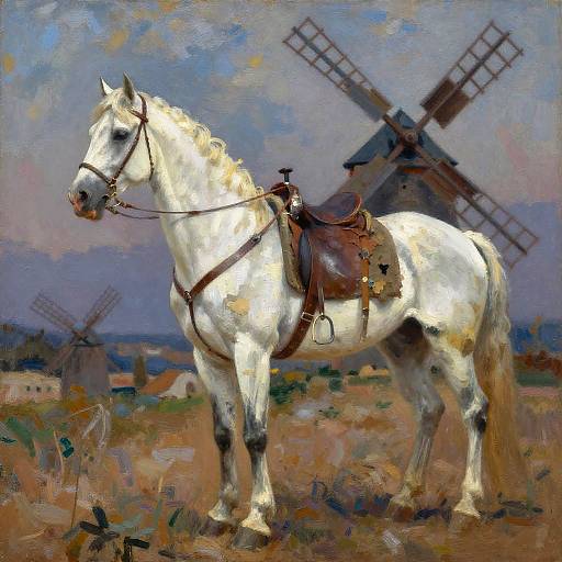 Impressionist-style painting of a white horse with a brown leather saddle, standing in a grassy field with two windmills in the background.
