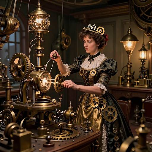 Steampunk photograph of a Victorian-era woman in a black and gold dress, adjusting intricate brass clockwork machinery in a warmly lit, vintage workshop.