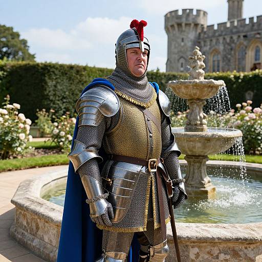 Photograph of a knight in medieval armor with a red plume, blue cape, standing in a sunlit garden with a fountain, castle in background