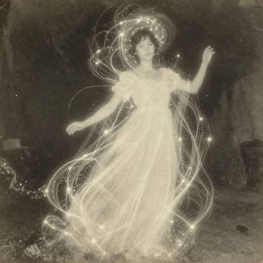Vintage photograph of a glowing ethereal woman in a flowing, luminous dress with swirling, star-like light trails, set against a dark, indist