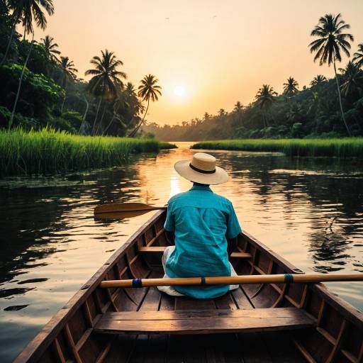 Boatman Sailing Wooden Canoe at Sunset