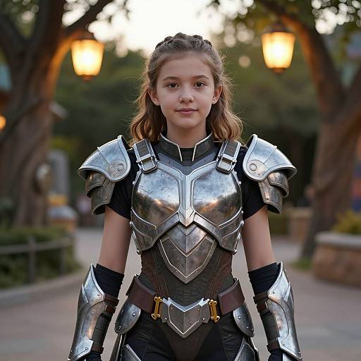 Photograph of a young girl with light brown hair in detailed silver and black medieval-style armor, standing outdoors in a park with blurred trees and glowing lantern