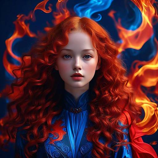 Digital artwork of a fair-skinned woman with long, red, curly hair, wearing a blue, intricately patterned robe, surrounded by vibrant blue