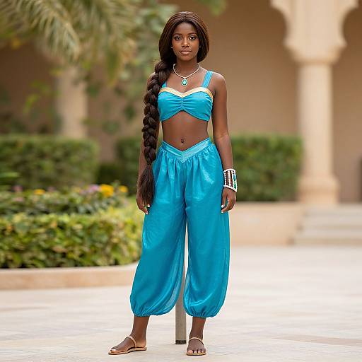 Photograph of a tall, dark-skinned woman with long braided hair, wearing a blue crop top and harem pants, standing outdoors with a