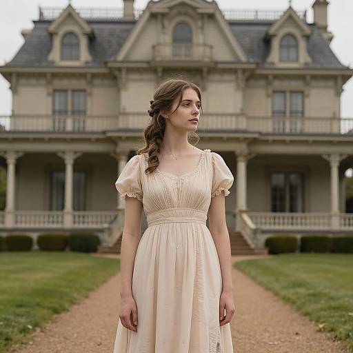 Photograph of a young woman with fair skin and brown hair in a vintage cream dress standing in front of an ornate, Victorian-style mansion on a