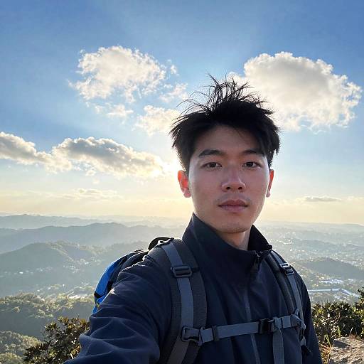 Photograph of an Asian man with spiky black hair, wearing a black hiking jacket and backpack, standing on a mountain peak with a bright, partly