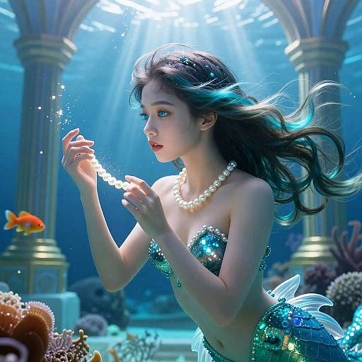 Digital artwork of a beautiful, fair-skinned mermaid with long, flowing blue hair, wearing a sparkly blue and green tail, pearl necklace,