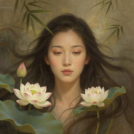 Digital painting of an Asian woman with long black hair, serene expression, surrounded by white lotus flowers, pink lotus bud, and green leaves.