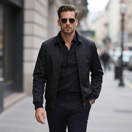 Photograph of a handsome, bearded man in black sunglasses and outfit, walking confidently on a city street, with blurred background.