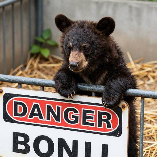 Cautious Black Bear Cub by Danger Sign