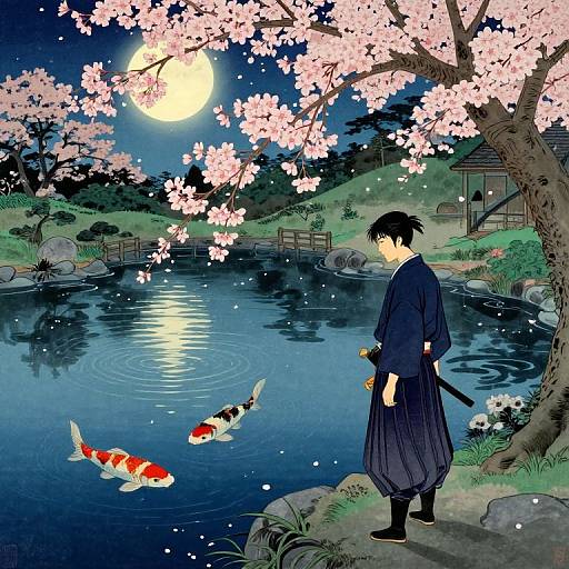 Anime-style digital drawing of a young man in a navy kimono, standing by a moonlit pond with cherry blossoms and two koi fish.