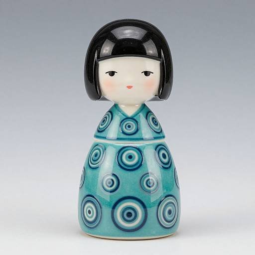 Photograph of a ceramic doll with black bob-cut hair, pale skin, and blue-green dress with circular patterns, standing against a gradient gray background.