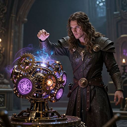 A long-haired man in dark, ornate armor with a glowing blue and purple mechanical device in a dimly lit, gothic cathedral. (Movie