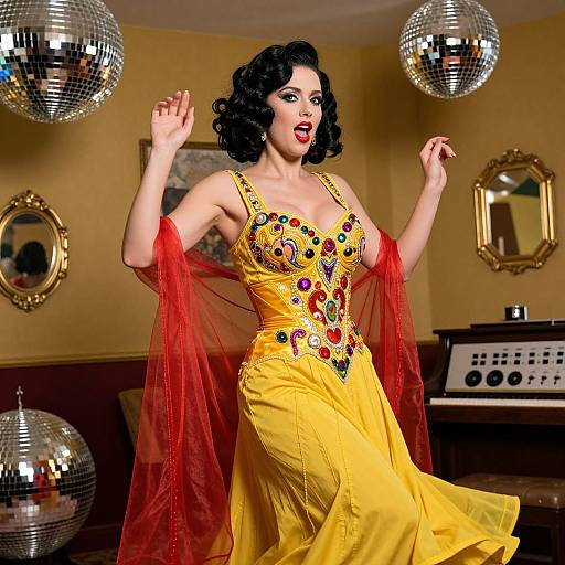 Photograph of a fair-skinned woman with curly black hair, wearing a yellow dress with red and colorful embroidery, red shawl, dancing under disco