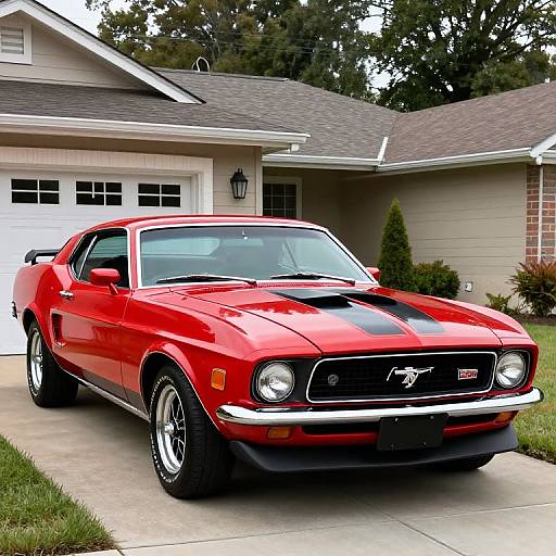 Photograph of a shiny red Ford Mustang with black stripes parked in a suburban driveway, next to a beige house with white trim.