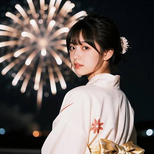 Japanese Girl in Yukata with Fireworks