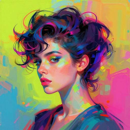 Digital painting of a pale-skinned woman with curly, dark purple hair against a vibrant yellow, pink, blue, and green abstract background. Her expression