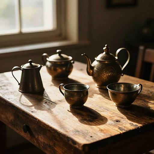 Photograph of rustic wooden table with sunlight filtering through window, featuring four antique, copper-colored tea sets and a teapot.