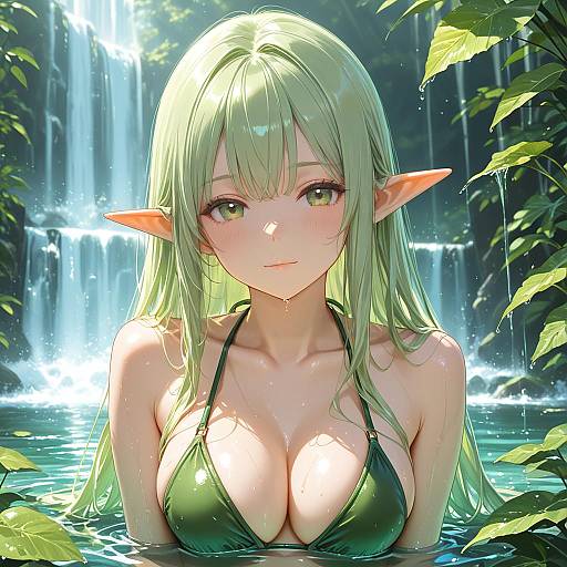 Elf Girl in Green Bikini by Waterfall