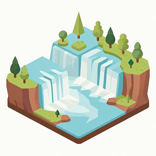 Isometric digital illustration of a vibrant, stylized waterfall cascading between green-topped cliffs and pine trees, set on a brown base.