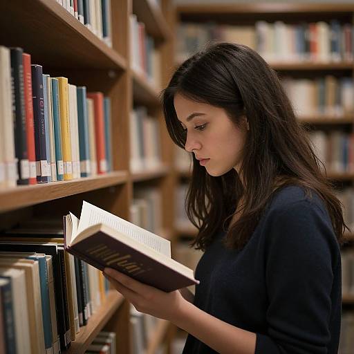 Photograph of a young woman with long dark hair, wearing a black blouse, reading a book in a library with colorful bookshelves in the background