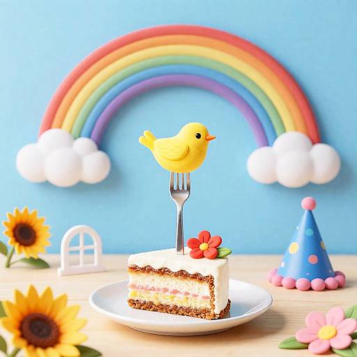 Colorful Cake Slice with Bird Fork and Rainbow Background