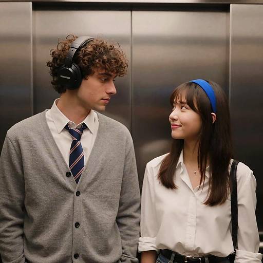 Candid Moment in a Brown Elevator