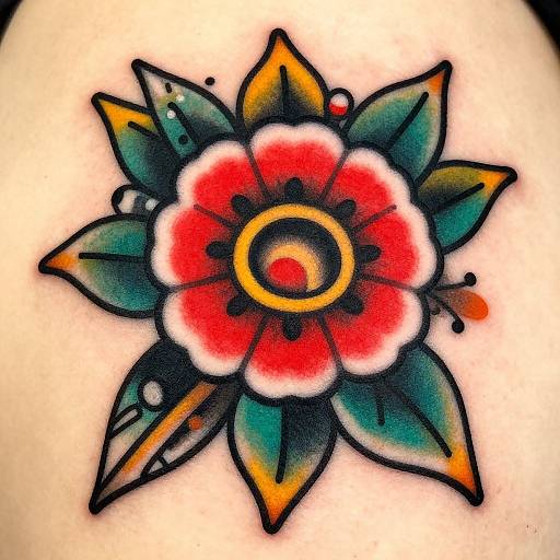 Vibrant tattoo of a red and white flower with yellow center, surrounded by green and black leaves, featuring bold outlines and gradient shading.