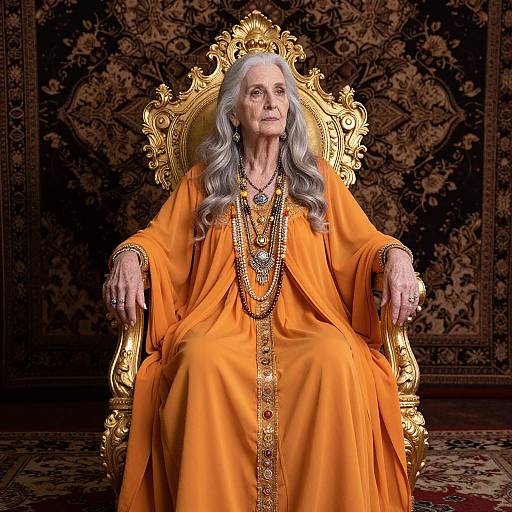 Elderly woman with long gray hair, wearing an orange robe and multiple necklaces, sits on an ornate golden throne in a richly pattern