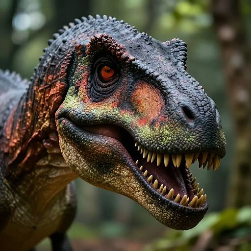 Photorealistic close-up of a colorful, detailed dinosaur head with sharp teeth, orange and green scales, and a fierce expression in a blurred forest background