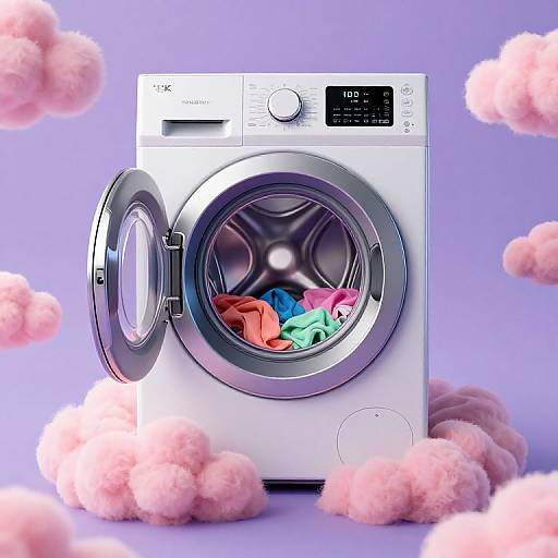 Photograph of a modern white LG front-loading washing machine with an open door, displaying colorful laundry, surrounded by pink fluffy clouds on a purple background.
