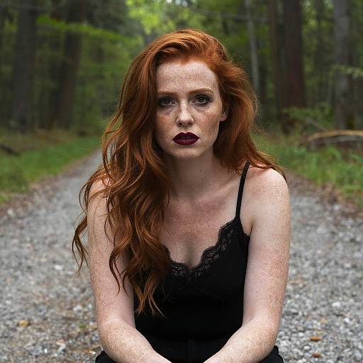 Photograph of a freckled, red-haired woman with long wavy hair, wearing a black lace camisole, sitting on a gravel path