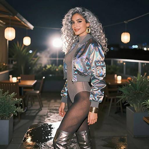 Night Portrait of Woman in Reflective Bomber Jacket