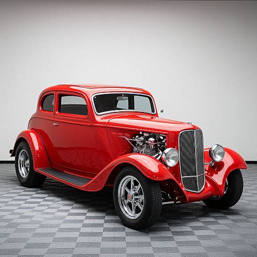 Photograph of a vibrant red, vintage, custom hot rod with chrome details, glossy finish, and polished rims on a checkered floor.