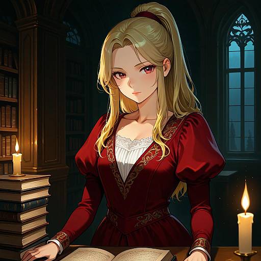 Blonde Woman in Red Renaissance Dress in Library