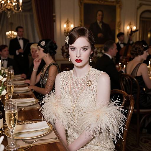 Photograph of a pale-skinned, red-lipped woman in a vintage, beaded, cream gown with white feather shoulders, seated at an elegant