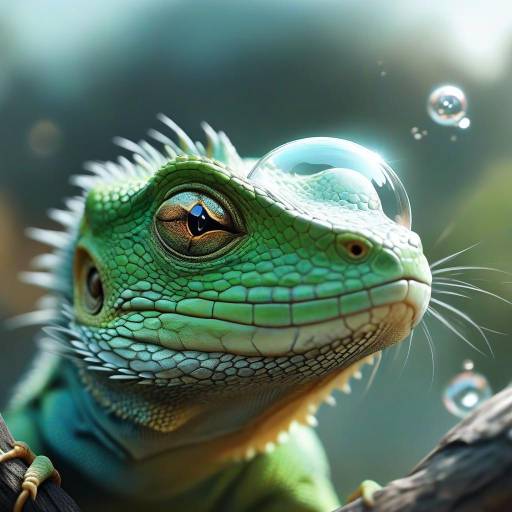 Green Iguana with Water Droplets