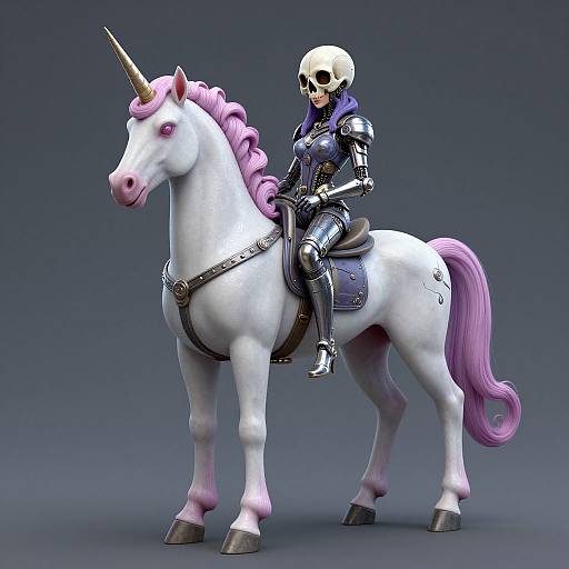 CGI image of a skeletal female warrior with purple hair riding a white unicorn with pink mane and tail, wearing black armor and a harness, against a