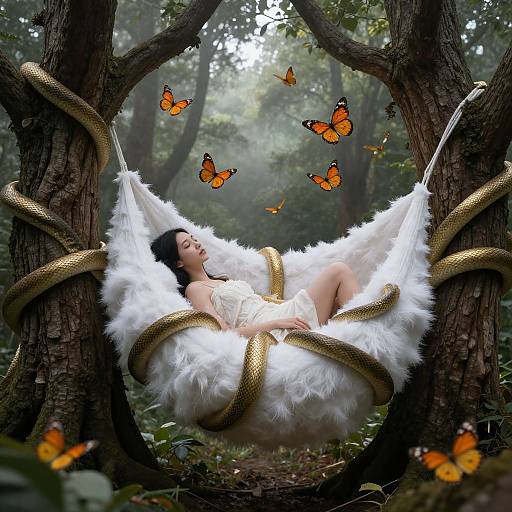 Photograph of a woman with dark hair in a white, fluffy hammock, surrounded by orange butterflies and golden snakes, in a misty forest.