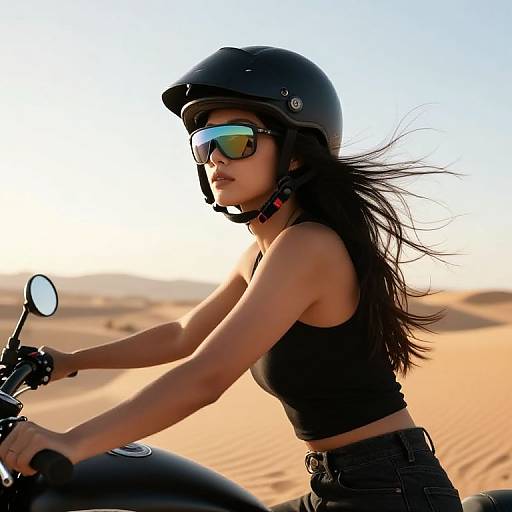 Photograph of a slender woman with long black hair, wearing a black helmet and sunglasses, riding a motorcycle through a sunlit desert.