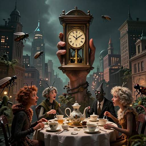 Fantasy illustration: Giant hand holding clock center, four insect-human hybrids with antennae, sipping tea in a dark, steampunk cityscape