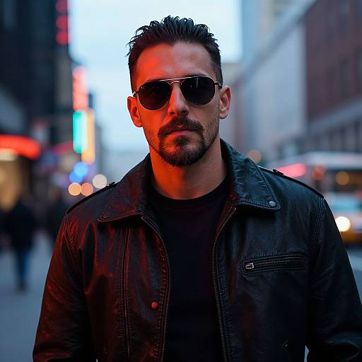 Photograph of a bearded man with dark hair, wearing sunglasses, black leather jacket, and black shirt, standing in a brightly lit urban street at