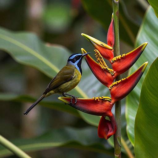 Photograph of a vibrant blue-headed honeyeater with yellow and brown plumage perched on a bright red, yellow-tipped Gloxinia flower